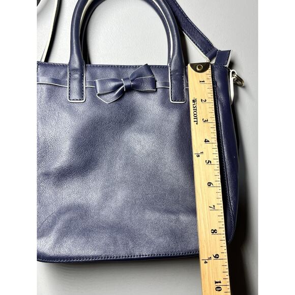 Talbots Crossbody Leather Tote Shoulder Bag Navy Blue Handbag Purse Bow Zip Top - Picture 7 of 9